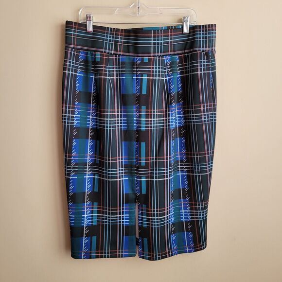 Eloquii Womens Neoprene Pencil Skirt Plus Size 16 Green Blue Plaid Scuba Knit - Picture 5 of 11